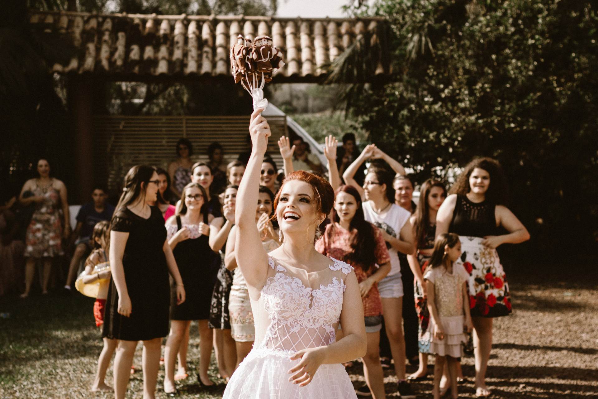 Bride holding chocolate bouquet